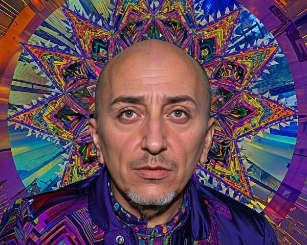 Man with Shaved Head in Vibrant Patterned Outfit