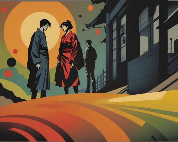 Japanese Figures on Vibrant Path at Sunset