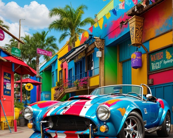 Colorful Street Scene with Vintage Sports Car and Artistry