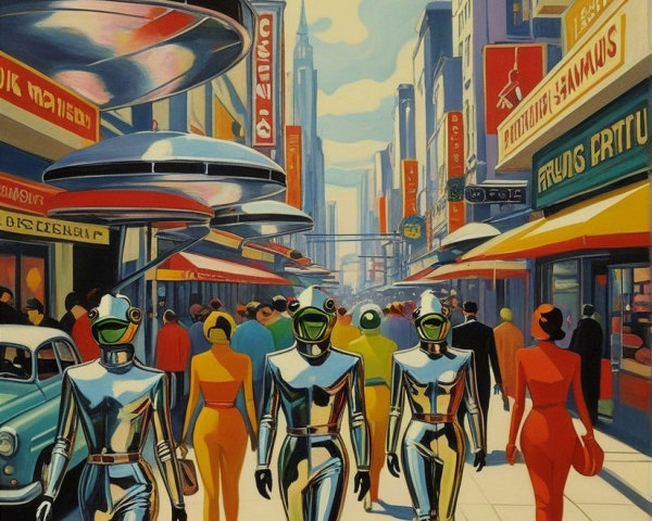 Vibrant Retro-Futuristic City Scene with Flying Vehicles