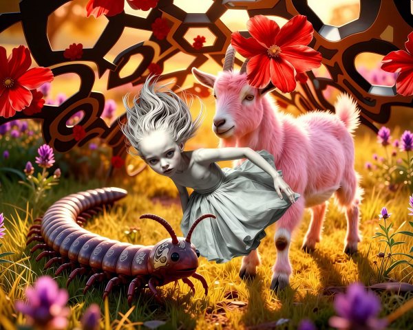 Vibrant Scene with Girl, Pink Goat, and Centipede