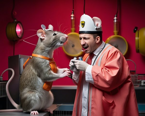 Whimsical Laboratory Scene with Man and Talking Rat
