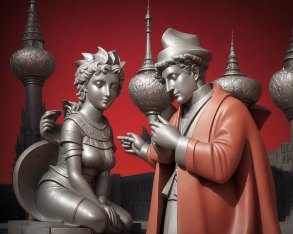 Intricate Sculpted Figures on Red Background