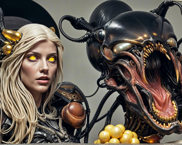 Futuristic humanoid and biomechanical creature scene
