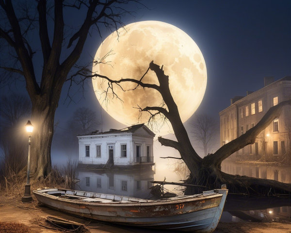 Serene Nighttime Scene with Boat and Full Moon