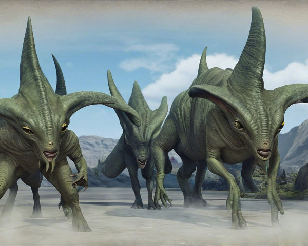 Dinosaur-like Creatures in Rocky Landscape Scene