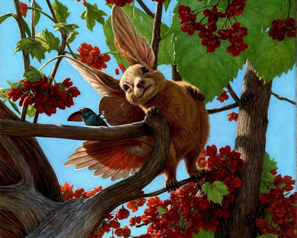 Charming Creature on Tree Branch with Red Flowers