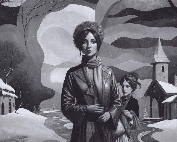 Women in winter attire by a snowy river at night