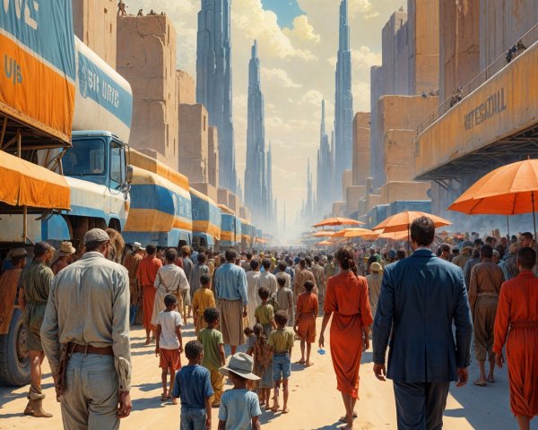 Futuristic City Scene with Diverse Crowds and Skyscrapers