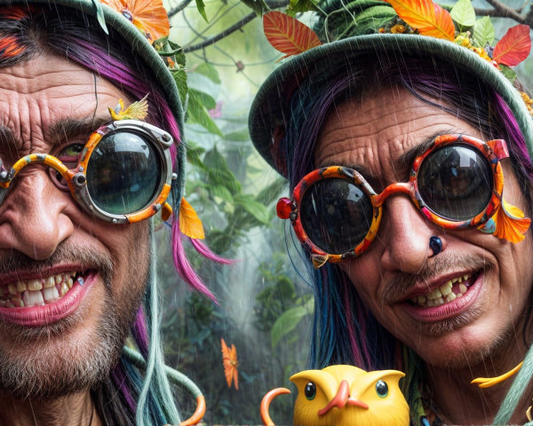 Playful Individuals with Colorful Hair in Tropical Setting