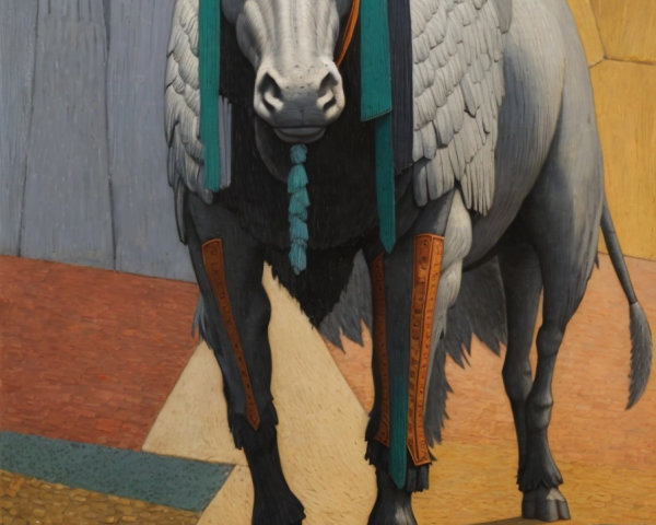 Surreal Painting of Anthropomorphic Sheep and Cat