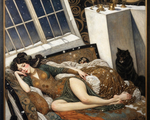 Serene woman in luxurious gown on ornate couch