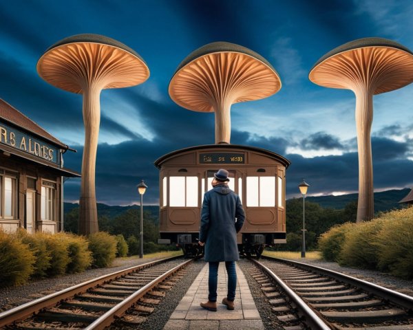 Surreal Landscape with Vintage Train Station and Mushrooms
