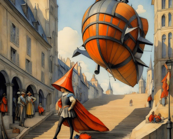 Whimsical European City with Steampunk Airship Scene