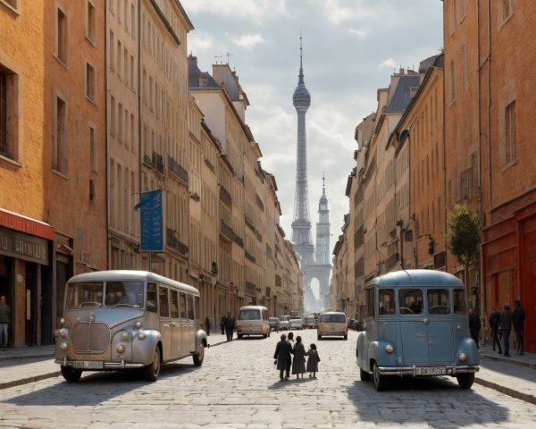 Vintage Vehicles and Eiffel Tower in Charming Street Scene