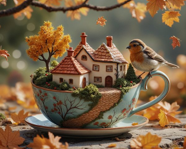 Miniature House in Tea Cup Surrounded by Autumn Leaves