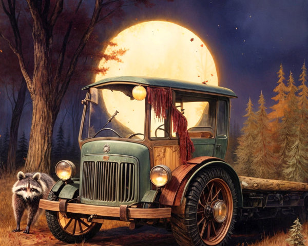 Vintage truck on a dirt path with autumn scenery