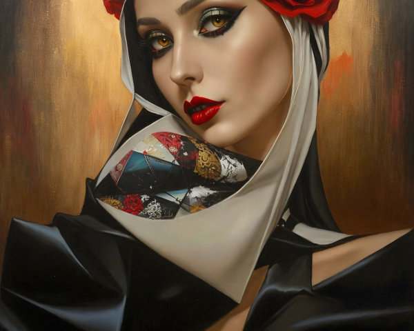 Close-up of a woman in nun habit with roses and gold background