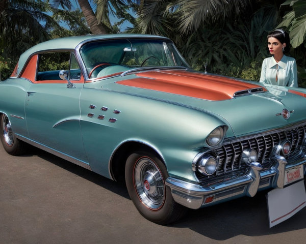 Vintage Car in Pastel Turquoise with Tropical Backdrop