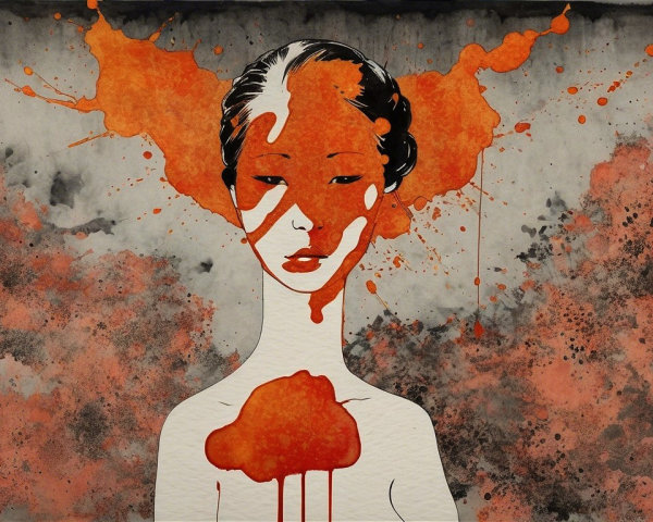 Stylized Female Figure with Vibrant Orange Splashes