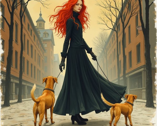 Woman with Red Hair Walking Dogs on Autumn Street