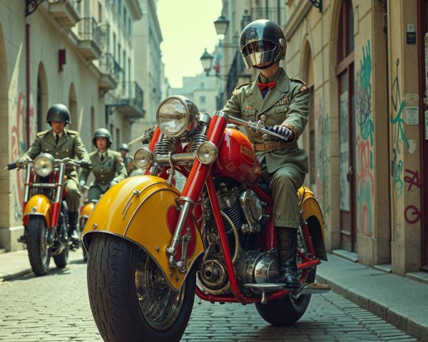 Motorcyclists in military uniforms ride vintage bikes through graffiti street