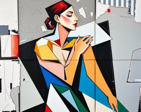 Stylized Female Figure in Geometric Shapes and Colors