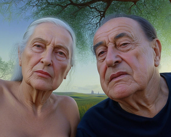 Elderly Couple with Expressive Faces in Serene Landscape