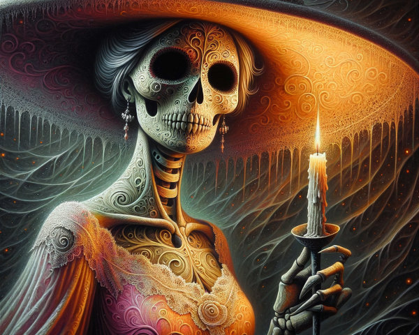 Intricate skeletal figure in gown with candle and patterns