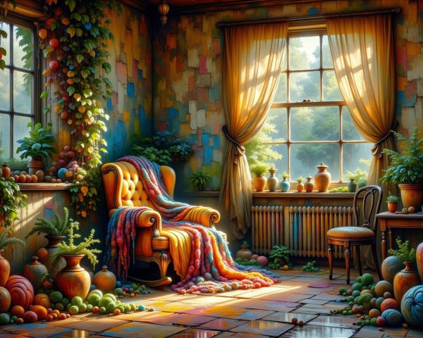 Vibrant Sunlit Room with Plush Armchair and Decor