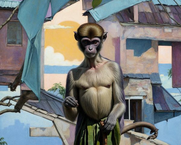 Monkey in Leaf Skirt Against Urban Decay at Sunset