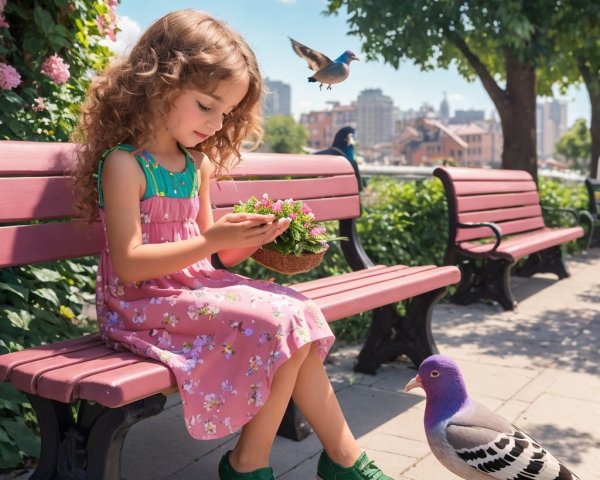 Young Girl with Flowers on a Red Park Bench