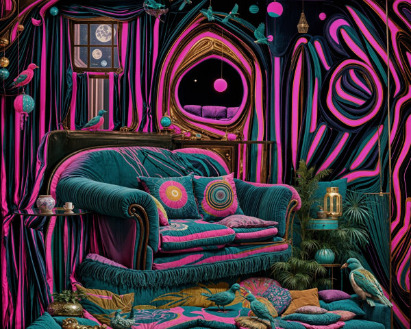 Surreal Room with Teal Couch and Bold Decorations
