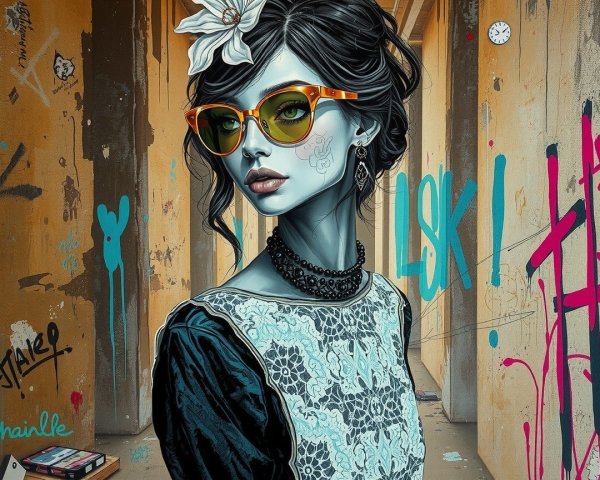 Stylish Woman with Blue Skin and Urban Graffiti Background