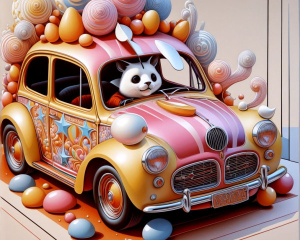 Whimsical Rabbit Character in Retro Colorful Car