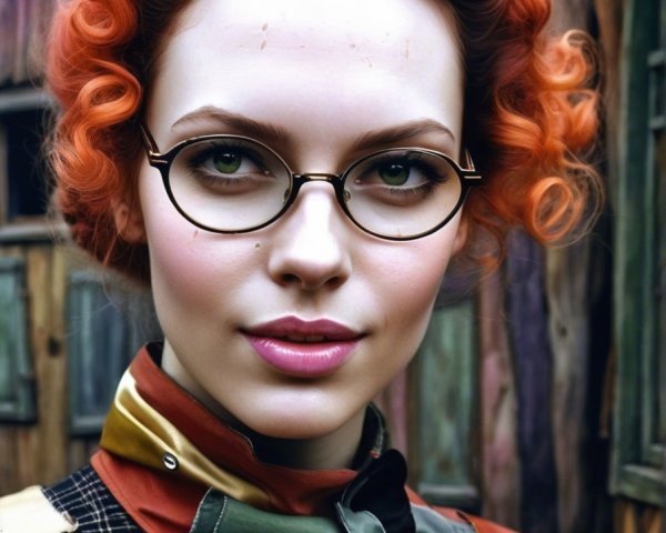 Young woman with vibrant orange curls and unique style