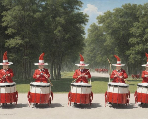 Drummers in Red Uniforms Performing at a Festive Parade