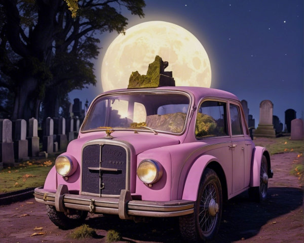 Vintage Pink Car in Moonlit Graveyard Scene