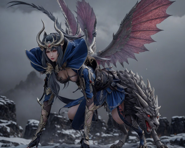 Warrior with Horns and Wolf in Wintry Landscape
