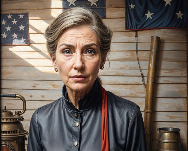 Middle-aged woman in leather jacket by vintage flags