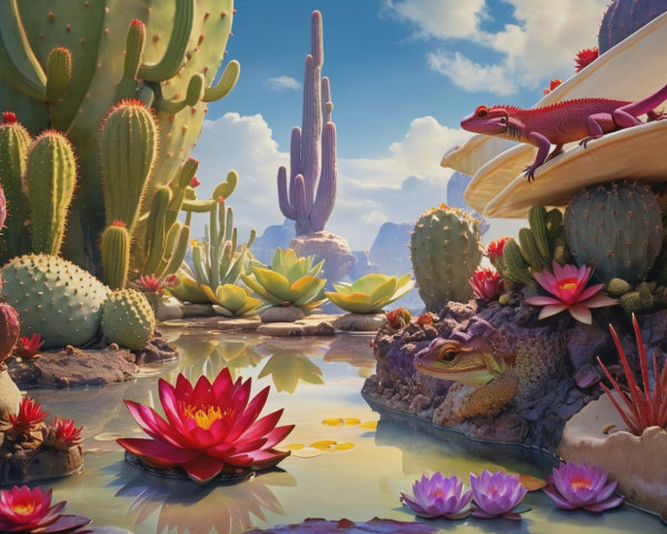 Vibrant Desert Oasis with Cacti and Lotus Flowers