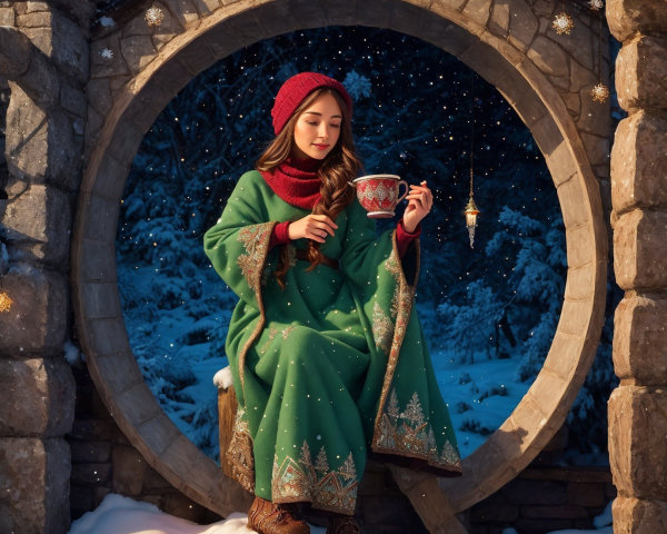 Young woman in moon gate with snowy forest backdrop