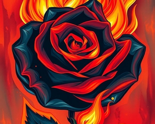 Black Rose Against Fiery Flames in Artwork
