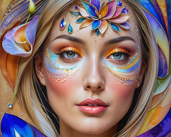 Portrait of a Woman with Floral Face Paint and Jewels