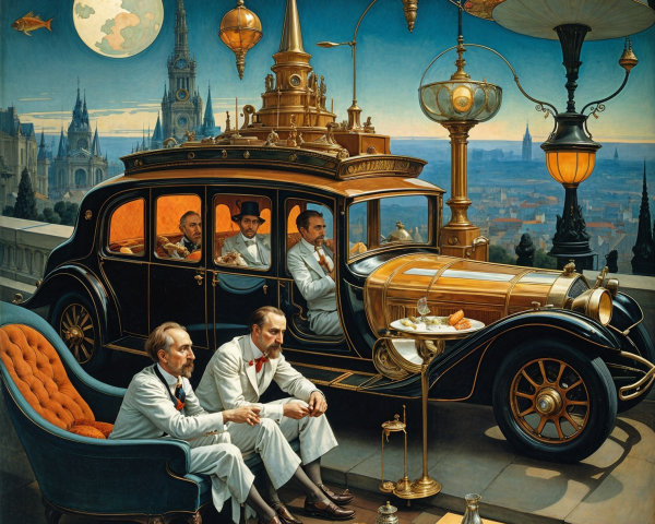Vintage Car in Moonlit Cityscape with Elegant Decor