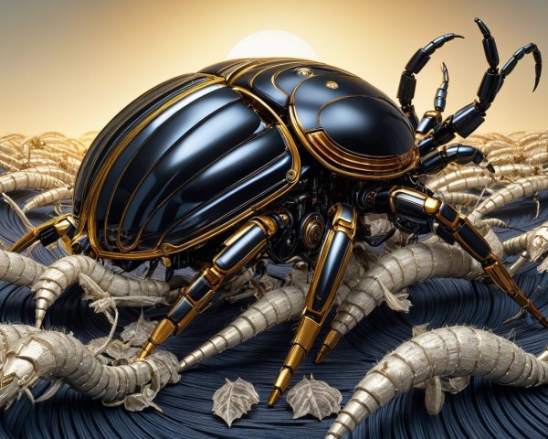 Metallic Beetle in Surreal Landscape with Armored Creatures