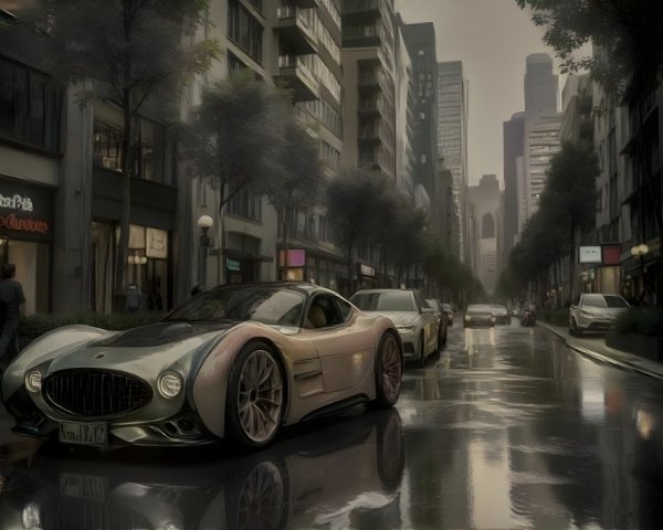 Futuristic Sports Car in Rainy Urban Cityscape