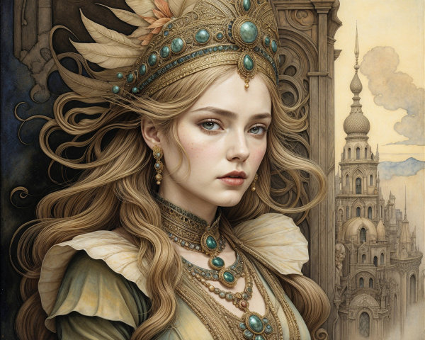 Regal Woman in Intricate Gown and Crown in Mystical Setting