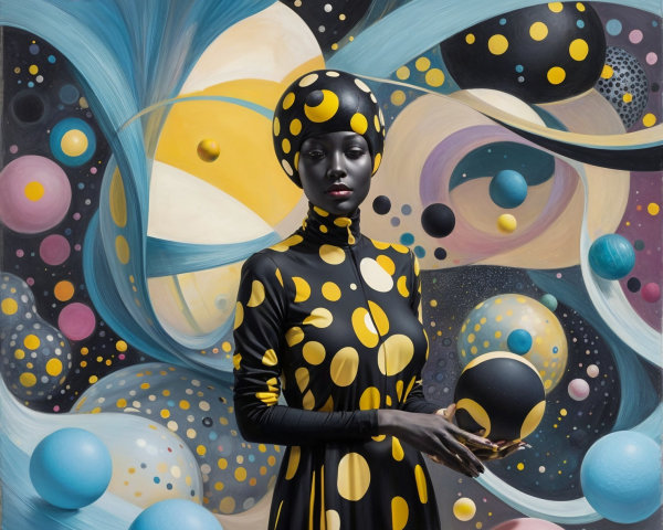 Black Dress with Yellow Polka Dots Against Cosmic Background