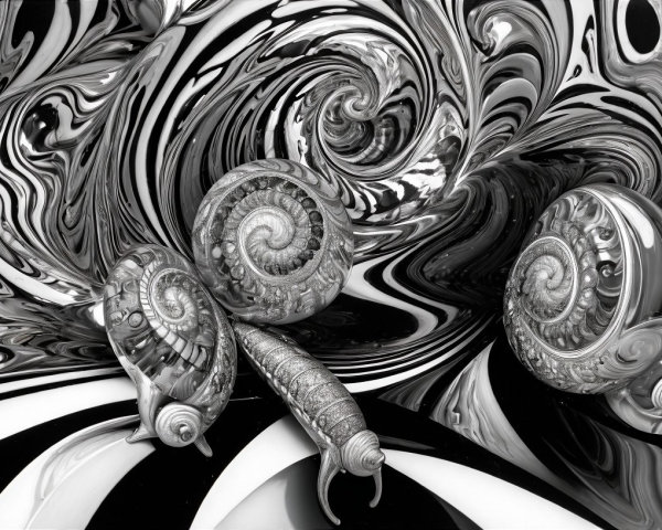 Surreal Black-and-White Composition with Snail Shells